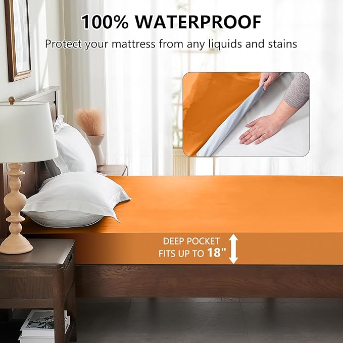 King Size Mattress Cover Protector, Breathable King Mattress Pad Cover with 6-18 Inches Deep Pocket, Waterproof Fitted Sheet for Pets Kids Adults, Machine Washable, Orange (76'' X 80'')