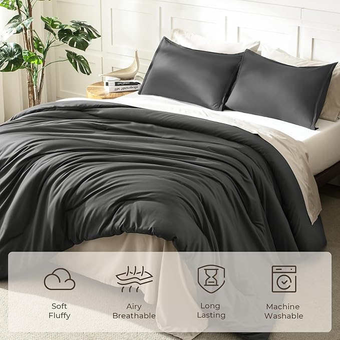 Litanika Grey Comforter Full Set, Dark Gray Lightweight Plain Bedding Comforters Sets, All Season Fluffy Bed Set (79x90In Comforter & 2 Pillowcases)