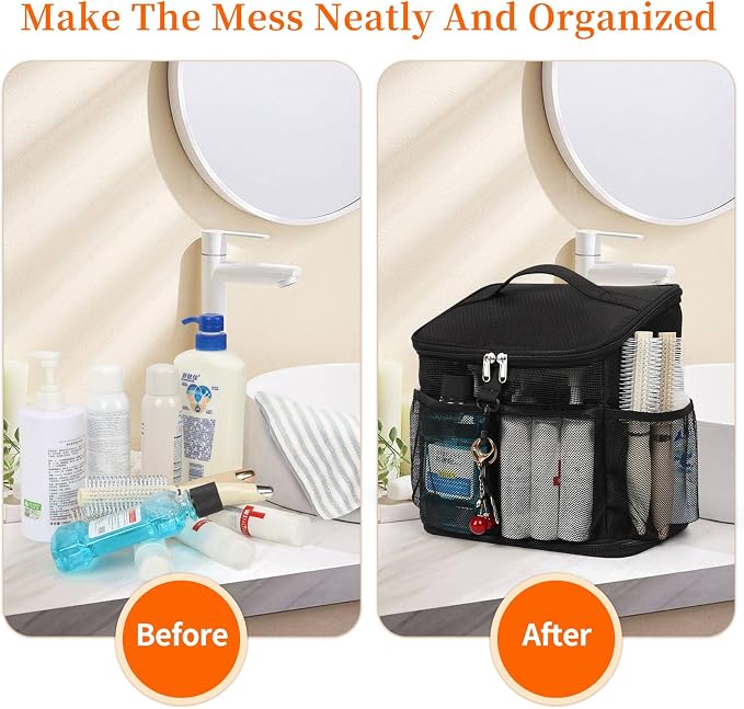 CUBETASTIC Shower Caddy Portable Mesh Shower Tote for Bathroom, Gym, Travel, Camping - Quick Dry Hanging Organizer Toiletry Bag with Handle for College Dorm Room, Men & Women (A# Black, 9.8") - Image 7