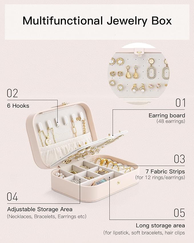 VLANDO Travel Jewelry Case, PU Leather Travel Jewelry Box with Earring Holder, Portable Display Small Jewelry Box for Mothers Day Women Girls Gift - Pink - Image 6