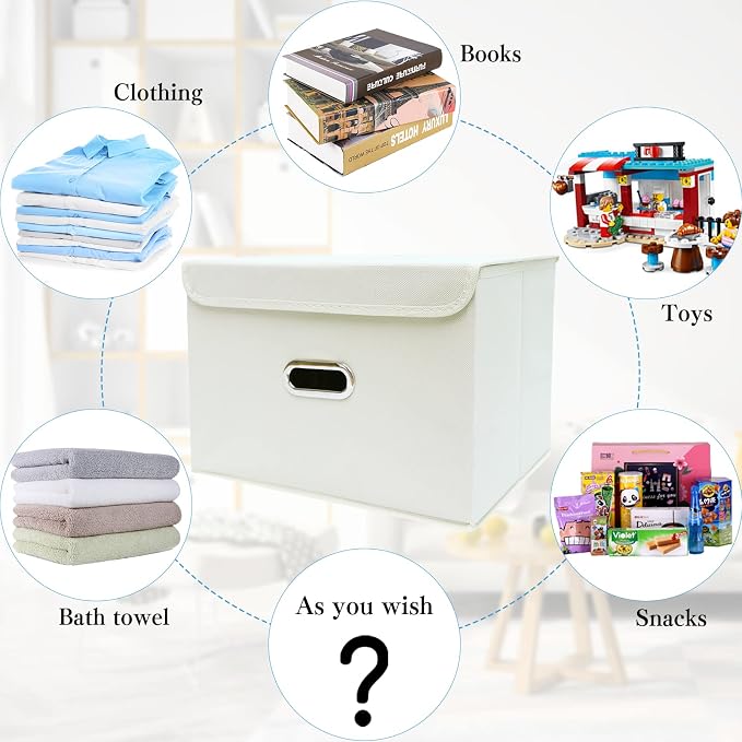 STOREONE Fabric Storage Cube Bins Foldable Organizer Container Collapsible Basket with Lids and Metal Handles, for Home, Bedroom, Closet 6 Pcs (Creamy-White) - Image 3