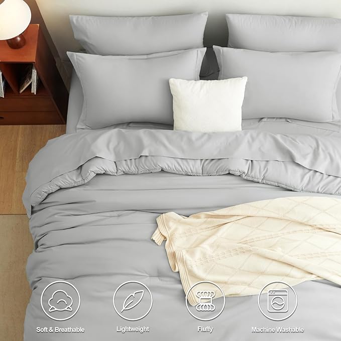 CozyLux King Size Comforter Set Light Grey, 7 Pieces Bed in a Bag King Comforter Set with Sheets, Light Gray Luxury Soft Bedding Sets with Down Alternative Comforter, Sheets, Pillowcases & Shams