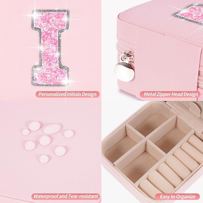 Uygafly Personalized Jewelry Case for Women Girls - Fashion Mini Jewelry Boxes - Trendy Travel Jewelry Organizer with Initials Letter - Teen Gifts | Pink,I - Image 4