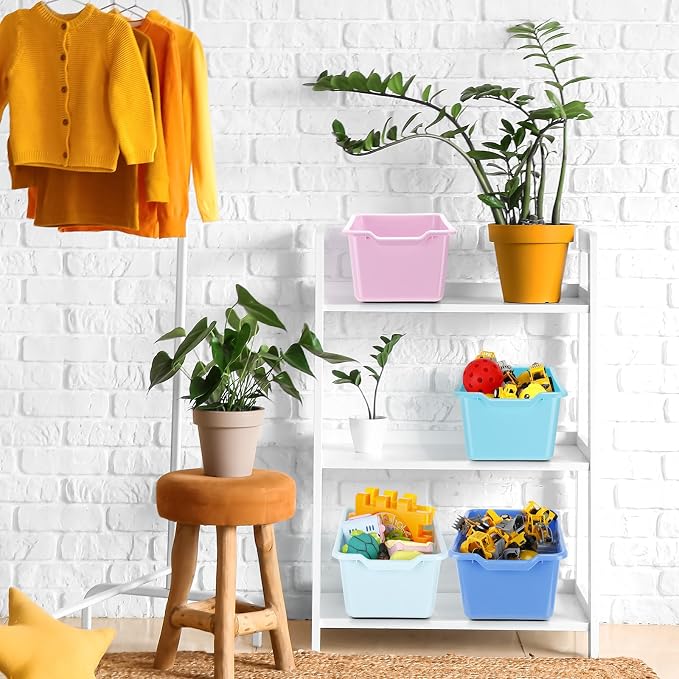 Dandat 16 Pcs Plastic Book Bins for Classroom Library Cubby Bins Scoop Front Stackable Toy Storage Tubs Containers for School Office Home Nursery Playroom Organization(Pastel Color) - Image 7