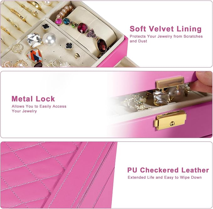 2-Layer Jewelry Box for women, jewelry organizers and storage with Removable Jewelry Tray, vintage quilted top Lockable Jewelry Holder Gift Idea Rose Red - Image 3