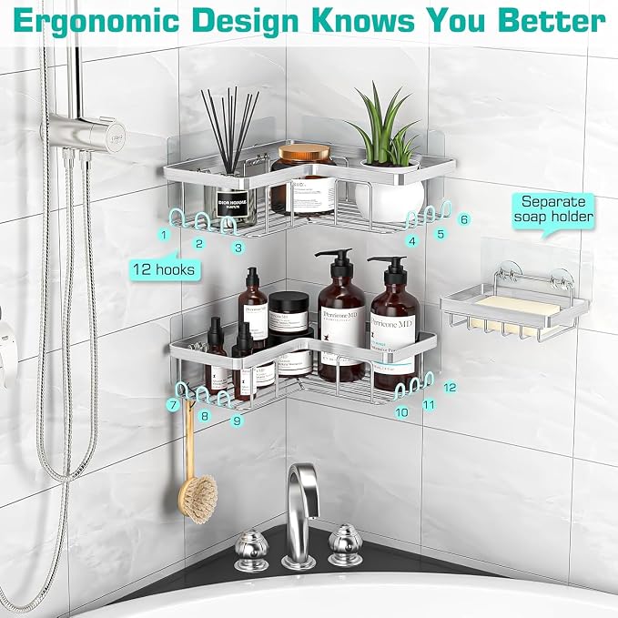 YASONIC Corner Adhesive Shower Caddy, with Soap Holder and 12 Hooks, Rustproof Stainless Steel Bathroom Organizer, No Drilling Wall Mounted Rack, Brushed Silver, 3-Pack - Image 4