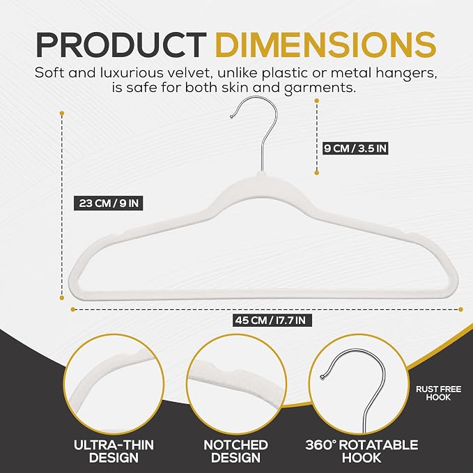 Techzoo Premium Velvet Hangers 50 Pack Ultra Thin Non Slip Adult Felt Space Saving Slim Suit Hanger for Closet Heavy Duty Coat Pants Jackets Dress Hangers 360° Swivel Hook Hold Upto 10 lbs White - Image 2