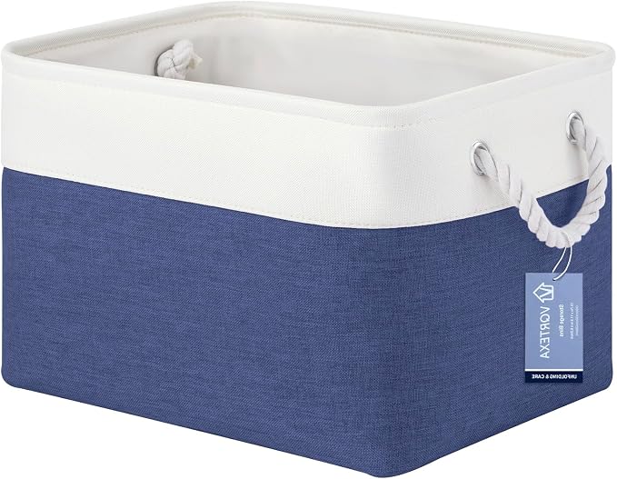 Large Storage Baskets- 15x11x10 inch Storage Bins for Shelves and Closet Organizing, Foldable Fabric Bin for Home Organization Clothes and Laundry (1-Pack, White&Blue) by VQRTEXAStorageBasket