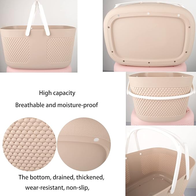 Shower Caddy Basket, Portable Large Capacity Thickened Plastic Organizer Storage Tote with Handles Drainage Toiletry Bag Bin for Bathroom, College Dorm Room Essentials, Kitchen, Camp, Gym, Khakis - Image 3