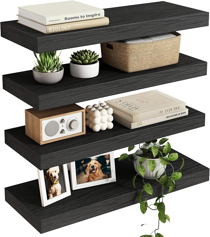 Fixwal Black Floating Shelves for Wall, Rustic Wood Shelves for Bathroom, Living Room, Bedroom and Kitchen, Wall Shelves for Storage, Books, Room Decor (Set of 4, 15.8 Inch) by Fixwal