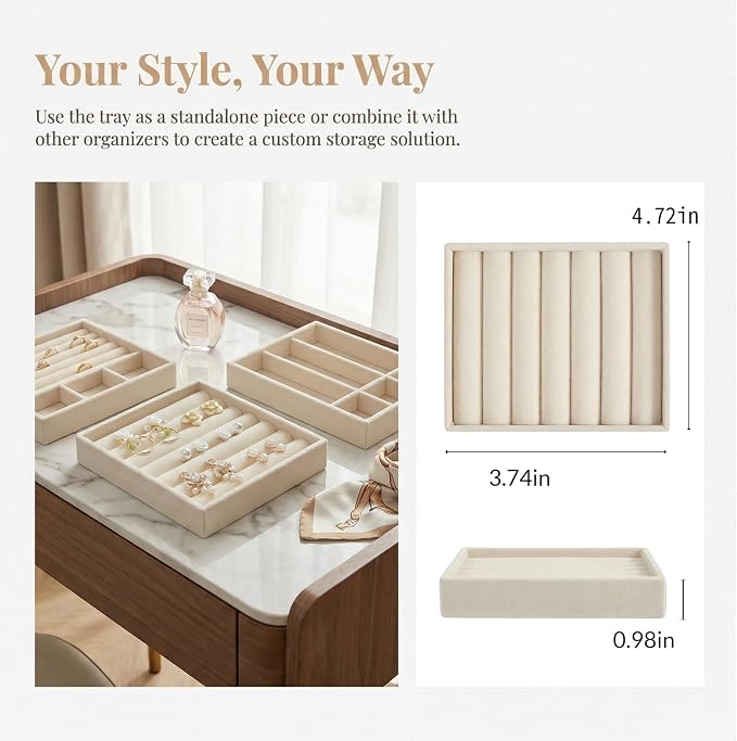 Ring Tray for Jewelry Storage Small Velvet Organizer Box with Inserts Dividers and Slots Mini Jewelry Display Trays with Earring Holder Insert Stackable Trays for Rings and Accessories - Image 3