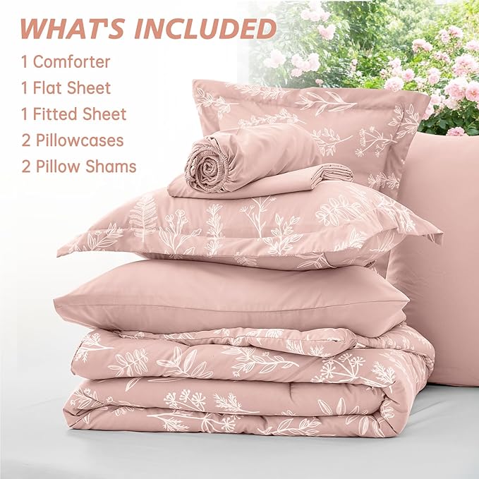 MUXHOMO Cameo Pink Cal King Comforter Set, Elegant Floral Print Bed in a Bag 7 Pieces, Ultra Soft & Breathable Reversible Botanical Pattern Bedding Set with Comforter, Sheets, Pillowcases, and Shams