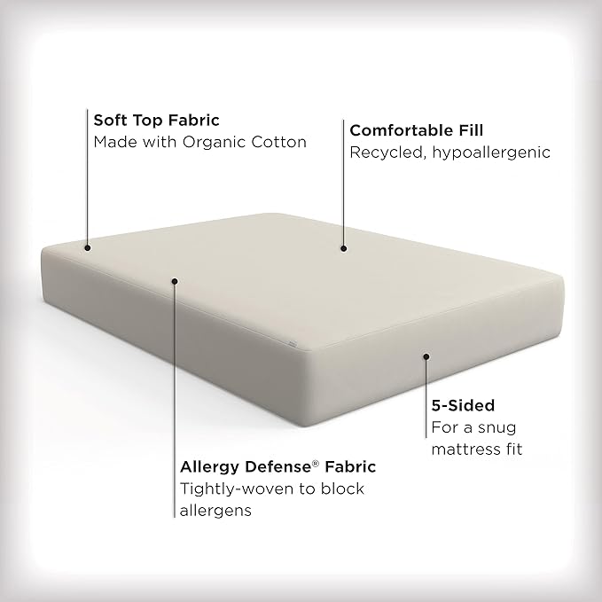 AllerEase 100% Organically Grown Cotton Top Waterproof Mattress Pad Twin Size Plush Hypoallergenic Fill Allergy Defense Fabric Machine Washable Stretch Sidewalls Fitted Mattress Cover Topper (White)