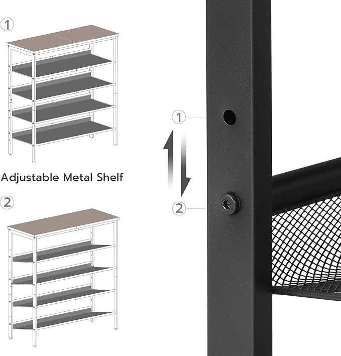 HOOBRO Shoe Rack for Entryway, 5-Tier Shoe Organizer with Adjustable Mesh Shelves, 16-20 Pairs of Shoes, Spacious Floor Mount, Metal, Industrial, Shoe Shelf for Closet, Rustic Brown BF12XJ01 - Image 4