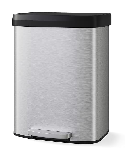 Garvee 16 gal / 60 L Stainless Steel Trash Can with Lid, Large Garbage Can for Kitchen, Rustproof Step-on Kitchen Metal Trash Bin with Liner Rim, Rear Handle, Soft Close Plastic Lid, Silver by Garvee