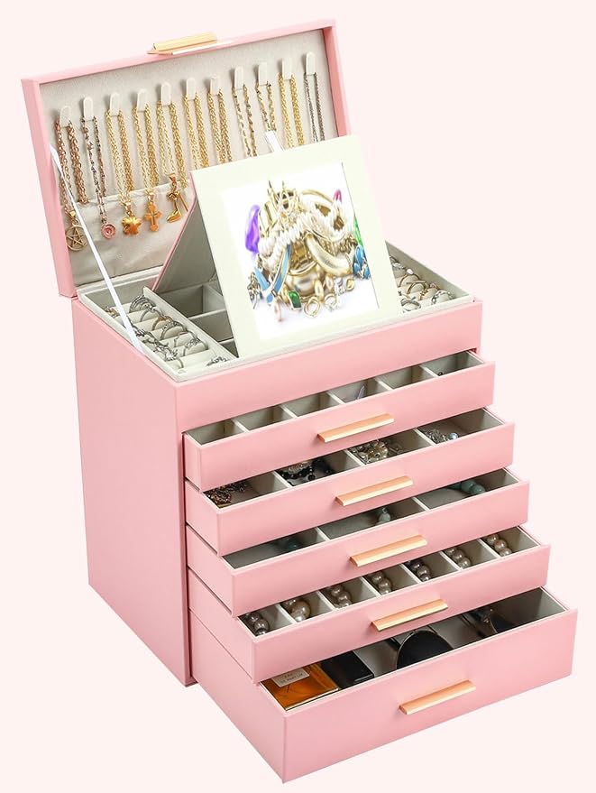 BOOVO Jewelry Boxes for Women, White and Black 6 Layer Large Jewelry Box for Necklace, Bracelet, Earrings, Rings Storage, Jewelry holder Organizer for Girls Gift (Pink, 6 layer) - Image 7