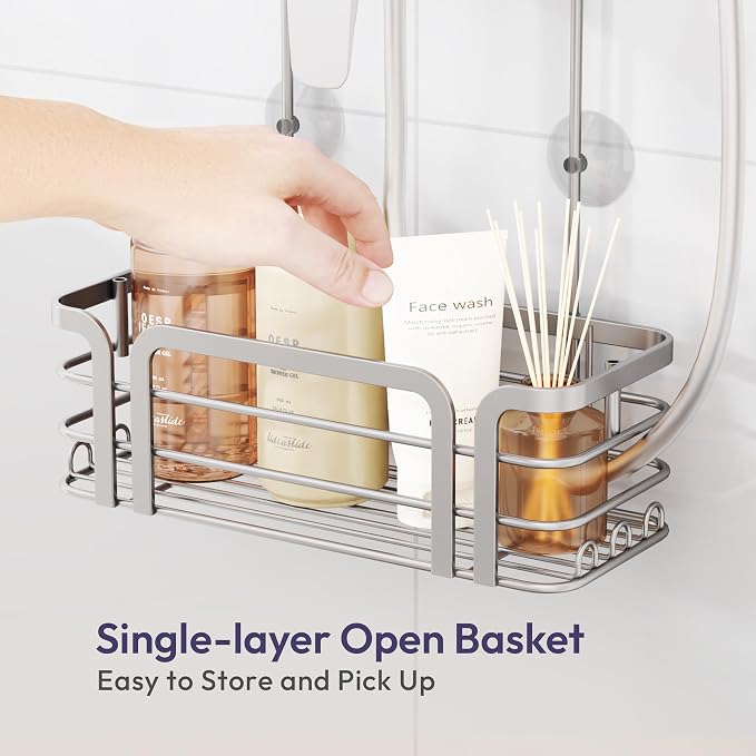 SWTYMIKI Shower Caddy Hanging Organizer - Over the Door Shower Caddy with 6 Hooks, 2 Installation Ways, Stainless Steel Rustproof Bathroom Organizer, Sand Nickel - Image 4