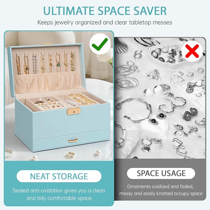 AKOZLIN Travel Jewelry Box Organizer Functional 2-trays Leather Jewelry Storage Case with Lockable Portable Drawer for Women Girls Ring Necklace Earring Bracelet - Image 8