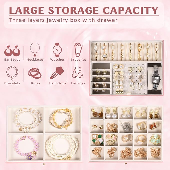 3 Layer Jewelry Boxes Large Jewelry Holder Organizer Case with 2 Jewelry Organizer Drawer PU Necklace Organizer Lockable Upgrade Mirror Gifts for Women, Pink - Image 5
