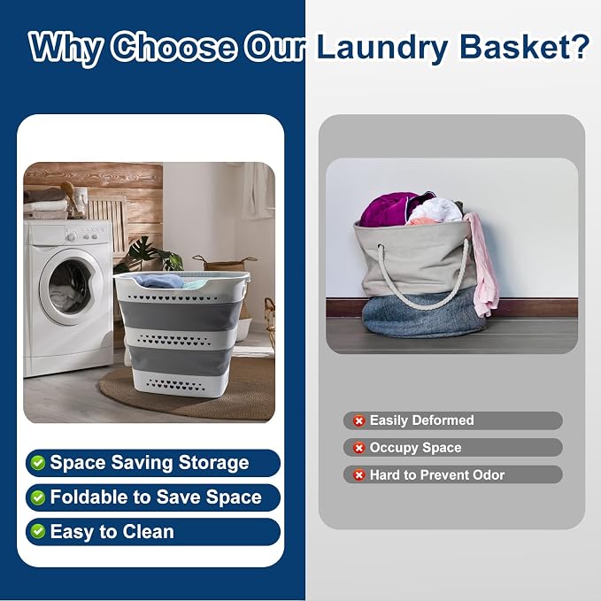 Collapsible Laundry Baskets Foldable Pop Up Laundry Hamper Plastic with Comfort Handles Folding Laundry Basket Space Saving Portable Dirty Clothes Hamper Storage Container/Organizer (Grey, 2 Packs) - Image 5