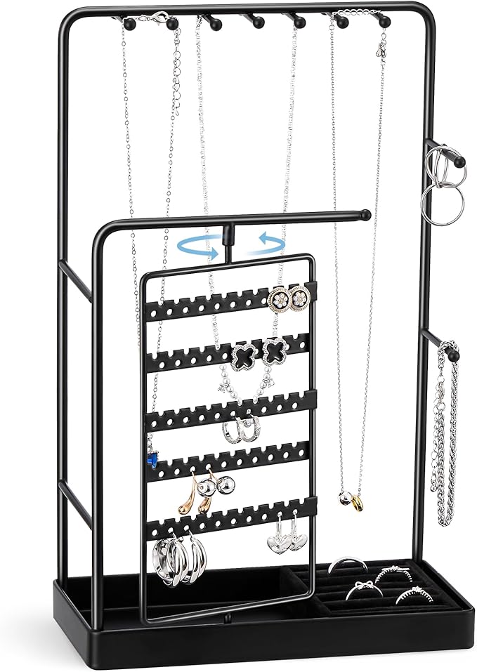 ProCase Jewelry Stand Holder Organizer, Jewelry Display Storage with Ring Tray, Rotating Earring Bracelet Necklace Holder, Valentine's Gifts Room Dorm Decor for Teen Girls -Black (No-Assembly) by ProCase