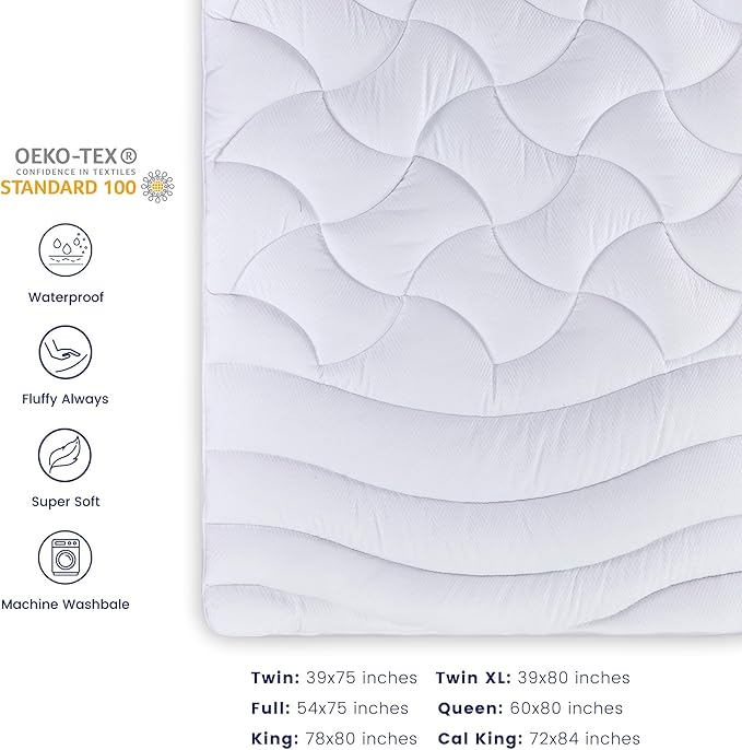 SLEEP ZONE Waterproof Twin Mattress Topper for College Dorm, Cooling Breathable Mattress Cover, (White, Twin)