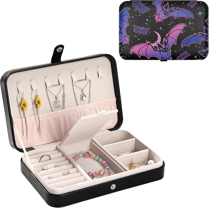 Halloween Basket Stuffers Bat Black Leather Jewelry Travel Case Personalized Jewelry Box for Women Men Girls Boys Portable Jewellery Storage Travel Earring Organizer Ring Case Box Bracelet by Unknown