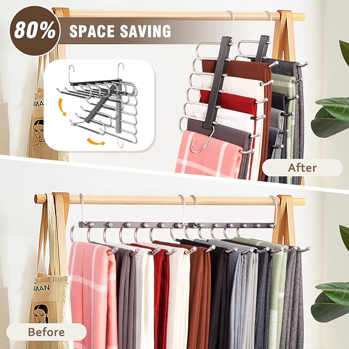 HUITEM 4 Pack 6-Tier Space Saving Pant Hangers, Anti-Slip, Lightweight, Stainless Steel, Black, 6 Pairs Jeans Hangers - Image 2