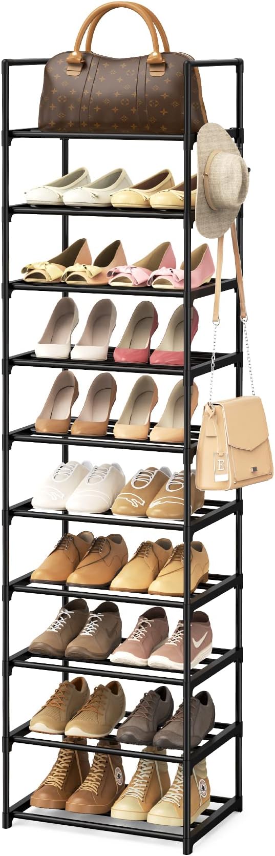Narrow Shoe Rack 10 Tiers Tall Shoe Rack for Entryway Closet 20 24 Pairs Shoe & Boots Organizer Storage Shelf Durable Black Metal Stackable Shoe Cabinet with Hooks, 17.1D x 11.8W x 78.7H in by WEXCISEforTidyingHouse