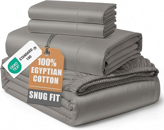 100% Egyptian Cotton Sheets Queen Size Bed Set – Naturally Cooling & Breathable Sateen Queen Sheets Set, Authentic Long-Staple Cotton for Lasting Softness, Snug Fit 15" Deep Pocket Fitted - Charcoal