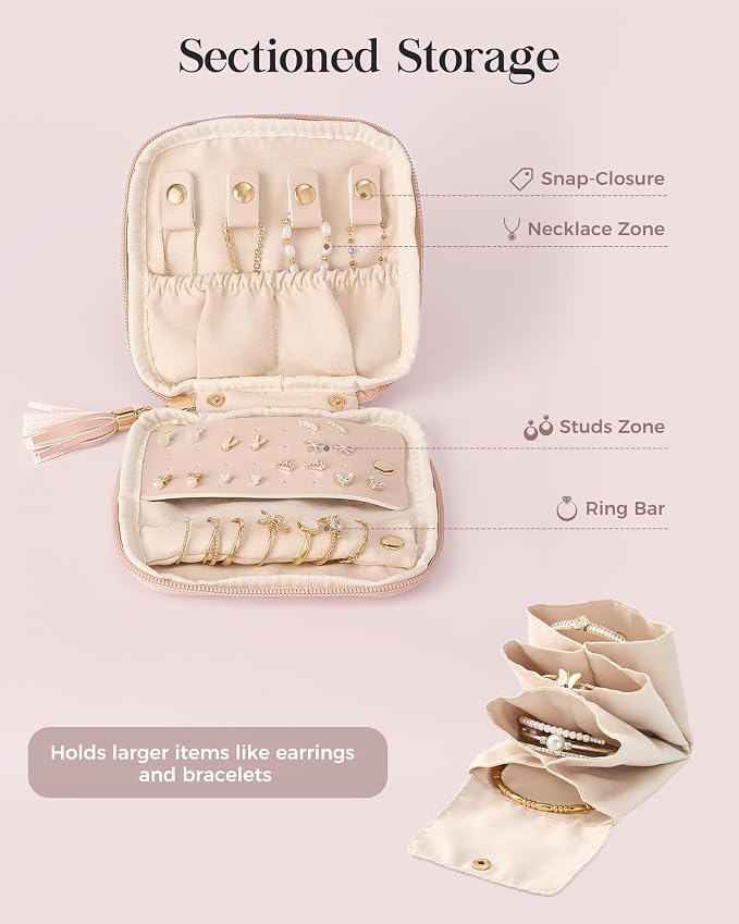 Lolalet Travel Jewelry Case Organizer, Small Jewellery Pouch with Compartments for Storage, Soft Velvet Bag for Traveling Women, Full-Zip Packing for Necklaces, Earrings, Bracelets -Apricotpink - Image 4