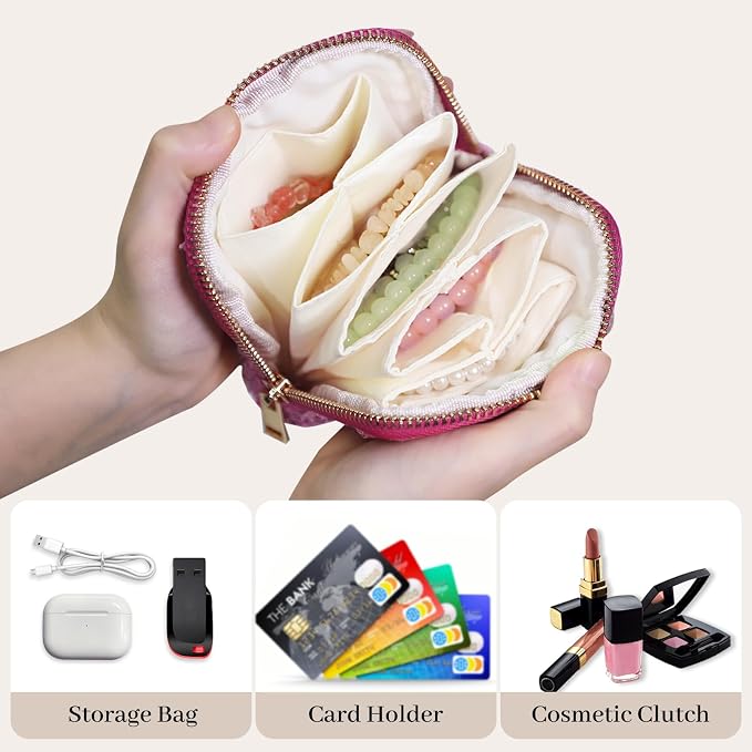 Stratalife Jewelry Travel Case - Small Jewelry Pouch for Bracelets Necklace Bangles Healing Crystal, Portable Earring Ring Organizer for Traveling with Zipper Gift for Women, Rose Pink - Image 2