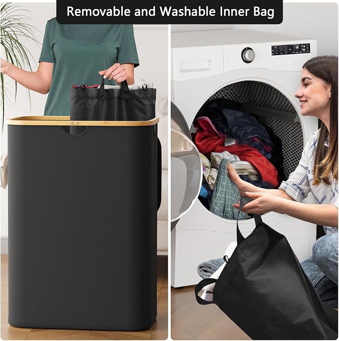 SpaceAid Double Laundry Hamper 2 Section with Lid and Removable Laundry Bags, 160L Clothes Basket with Bamboo Handles, Large Collapsible Hamper for Bedroom, Bathroom, Dorm, Laundry Room - Black - Image 4