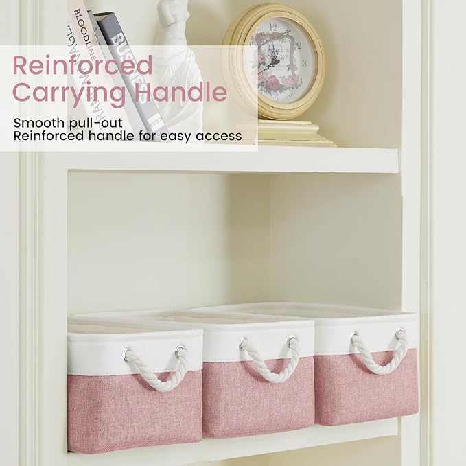 Storage Baskets for Shelves 13.8x9.8x6.7 Inch, Foldable Fabric Storage Bins with Handles, Small Storage Baskets for Organizing Closet, Office, Home Organization (1-Pack, White&Pink) - Image 3