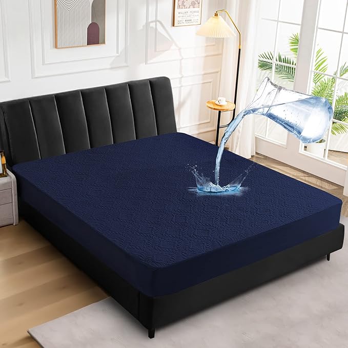 Sufdari Queen Mattress Protector, Navy Blue 3D Air, Waterproof, Plush, Fitted Sheet Design, Machine Wash, for Mattresses Up to 18'' Deep