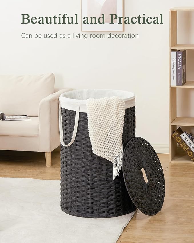 SETVSON Large Laundry Hamper Laundry Basket Round 34.3 Gal (130 L) Handwoven Wicker Laundry Baskets Rattan Laundry Basket with Laundry Bag Handles 2 Mesh Bags for Living Room Bedroom Black - Image 7