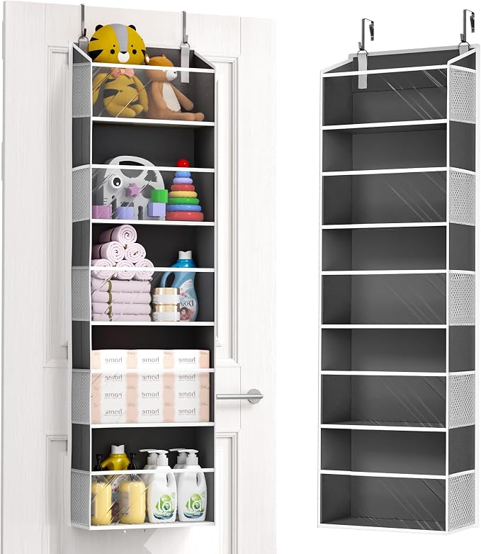 ULG 1-Pack Over Door Organizer with 5 Large Pockets 10 Mesh Side Pockets, 44 lbs Weight Capacity Hanging Storage Organizer with Clear Window for Bedroom Bathroom, RV, Clear Dark Grey by ULG