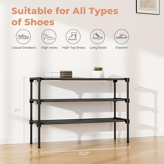 32.3" Widening Design Shoe Rack for Closet 16 Pairs Small Spaces Non-Woven 3 Tier Shoe Organizer Stackable Metal Shoe Shelf for Entryway, Bedroom - Image 3