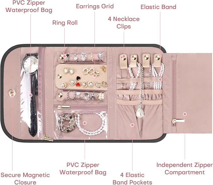 Travel Jewelry Organizer Box, Foldable Travel Case for Earrings, Necklaces, Rings, Bracelets, Black - Image 3