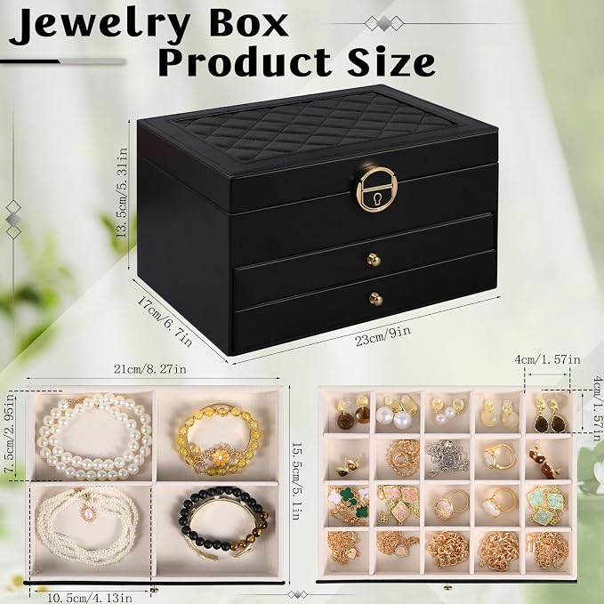 3 Layer Jewelry Boxes for Women with Mirror Large Jewelry Holder Organizer with 2 Jewelry Organizer Drawer PU Lockable Elegant Unique Gifts for Women, Black - Image 6