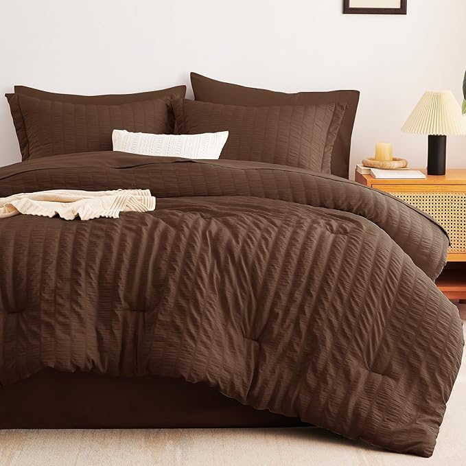 CozyLux Queen Comforter Set Brown Seersucker 7 Pieces Bed in a Bag Queen Comforter Set with Sheets, Luxury Soft Bedding Sets with Down Alternative Comforter, Sheets, Pillowcases & Shams for All Season