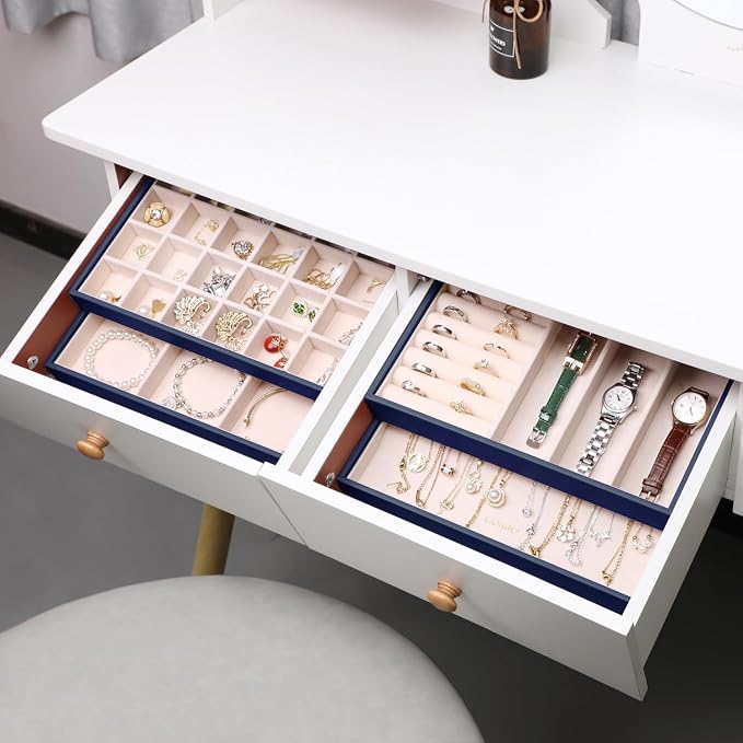 LANDICI Stackable Jewelry Organizer Trays 4 Set,PU Leather Jewelry Organizer Drawer,Jewelry Storage Display Tray for Earring Necklace Rings Bracelet with Removable Dividers,Dark Blue - Image 7