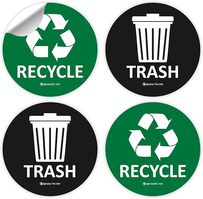 IGNIXIA (Pack of 04) Recycle & Trash Stickers Indoor & Outdoor Trash Bin Decals Recycle & Trash Symbols Sticker 4 X 4 Inches Self Adhesive Peel & Stick (Green/Black) by IGNIXIA