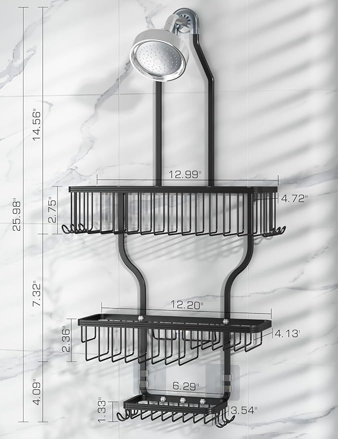 YASONIC Never-Rust Aluminum Hanging Shower Caddy – Over-the-Showerhead Organizer with 10 Hooks for Razor and Sponge – Includes Soap Basket – Black - Image 8