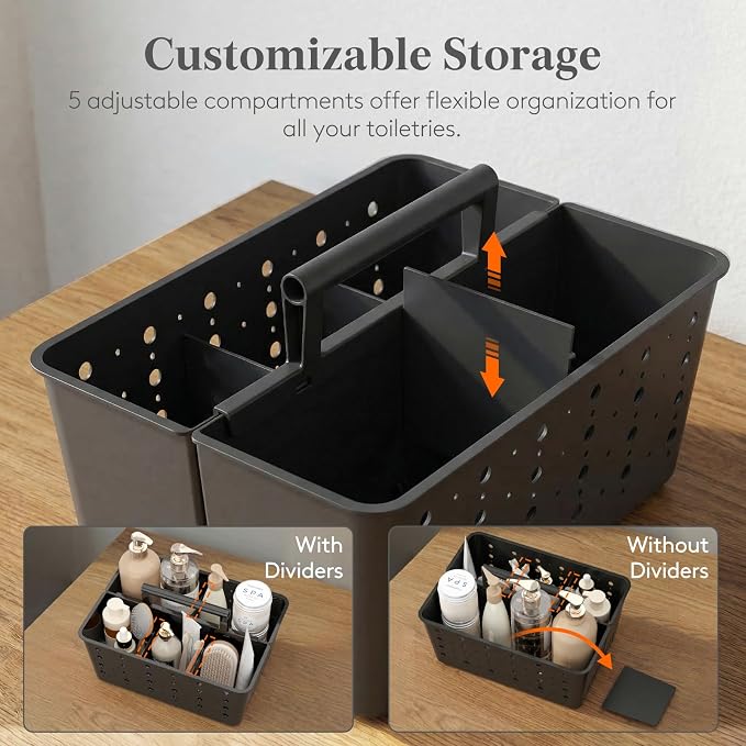 Lifewit Shower Caddy Portable, Cleaning Supplies Caddy Organizer with Handle and Adjustable Dividers, Plastic Shower Basket for Dorm Room Essentials, College, Bathroom, Black, 1 Pack - Image 3