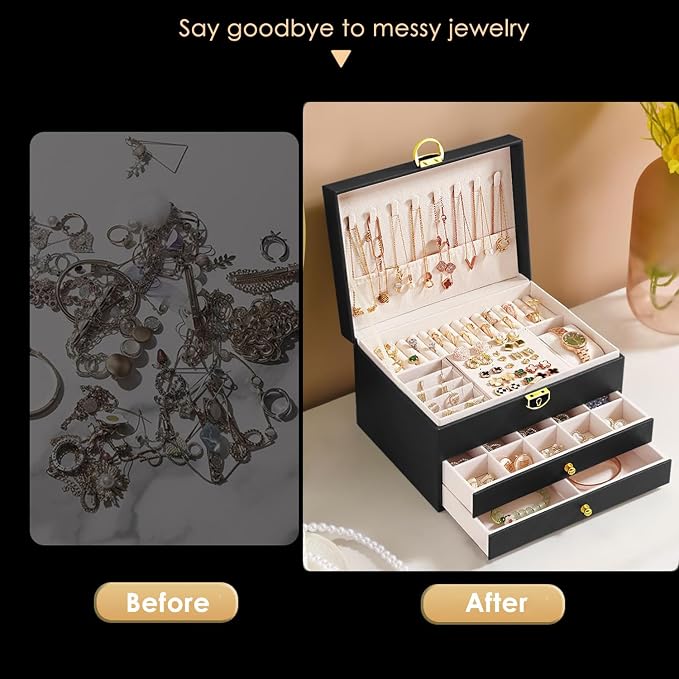 GUOER Jewelry Box for Women Girl Wife 3 Layers Large PU Leather Jewelry Organizer Storage Case with Two drawers Display for Earrings Bracelets Rings Watches (Apricot) - Image 4