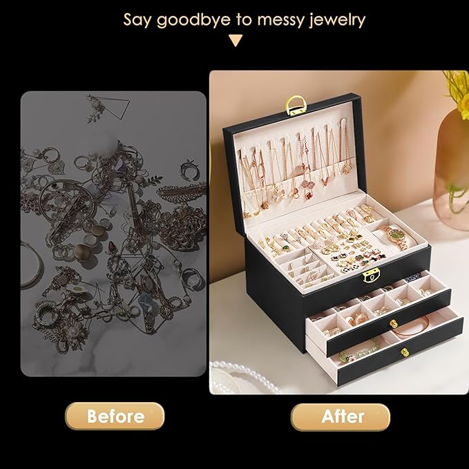 GUOER Jewelry Box for Women Girl Wife 3 Layers Large PU Leather Jewelry Organizer Storage Case with Two drawers Display for Earrings Bracelets Rings Watches (Grey) - Image 5