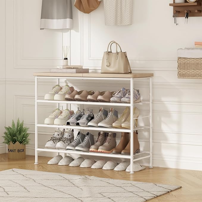 SUOERNUO Shoe Rack Organizer 4 Tier for Closet Entryway Free Standing Metal Storage Shoe Shelf with MDF Top Board，White+Oak - Image 4
