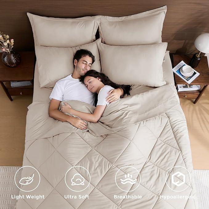 HEVUMYI Beige Tan King Comforter Set - 7-Piece All Season Bed in a Bag King, Ultra Soft Bedding Set with Comforter, Flat Sheet, Fitted Sheet, Pillowcases, Pillow Shams, Beige Tan