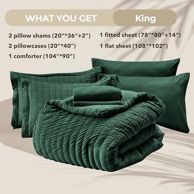 HYMOKEGE Emerald Green King Size Comforter Set Seersucker 7 Pieces, All Season Luxury Bed in a Bag for Bedroom, Bedding Set with Comforter, Sheets, Pillowcases & Shams